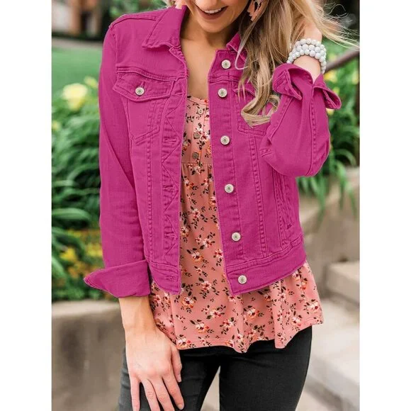 Women's Basic Button Down Stretch Fitted Long Sleeve Denim Jean Jacket Rose Pink - Picture 4 of 7